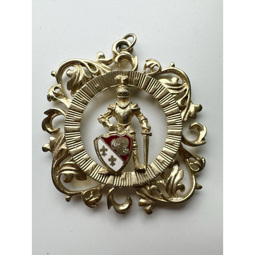 Vintage Heraldic Knight Pendant Enamel Gold Tone